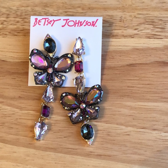 Betsey Johnson Hematite & Gold Tone Mismatch Crystal Butterfly Drop Earrings NWT - Picture 8 of 16